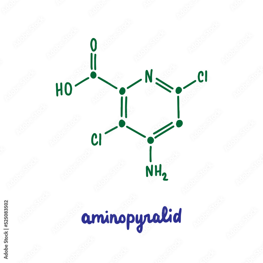 Aminopyralid hand drawn vector formula chemical structure lettering blue green
