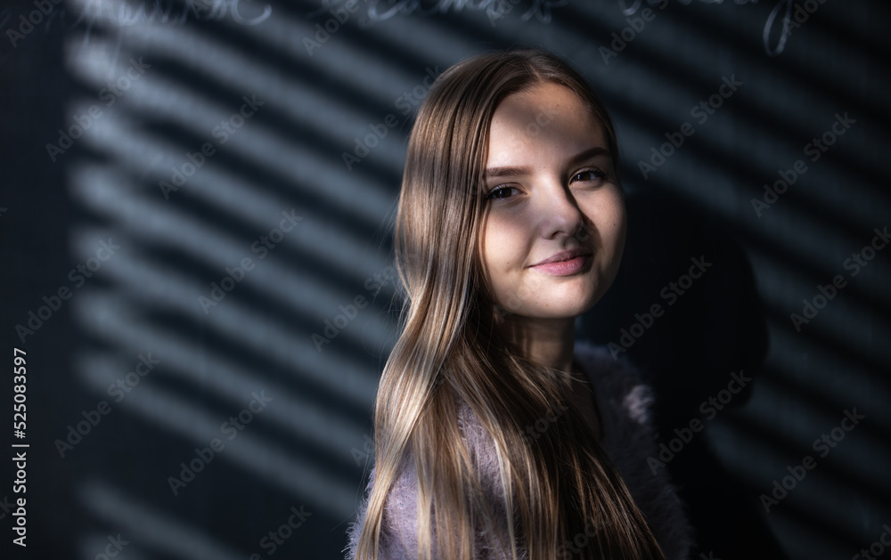 Pretty, young female student in front of a blackboard during class Pretty, young female student in front of a blackboard during class