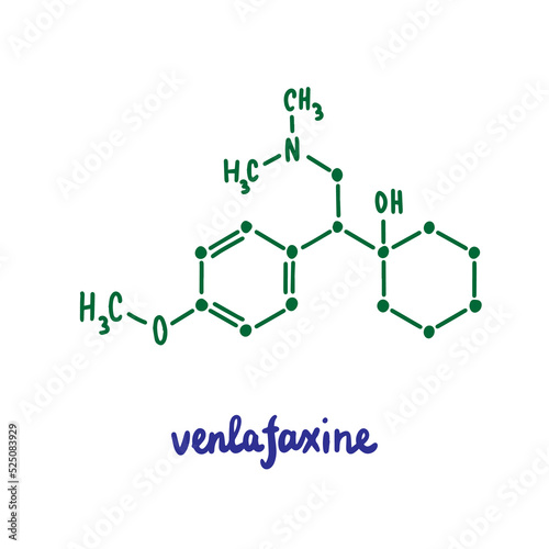 Venflaxacine hand drawn vector formula chemical structure lettering blue green