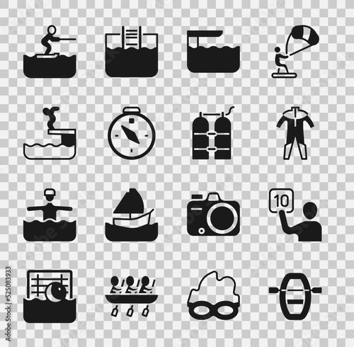 Set Boat with oars, Assessment of judges, Wetsuit for scuba diving, Diving board springboard, Compass, Swimmer into pool, Water skiing man and Aqualung icon. Vector