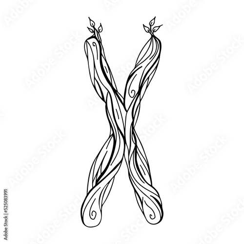 Rune Gebo or Gyfu. Wooden doodle style. A magical amulet of partnership and union. Elder futhark. The alphabet is Nordic and northern. Viking letters. Magic tattoo.