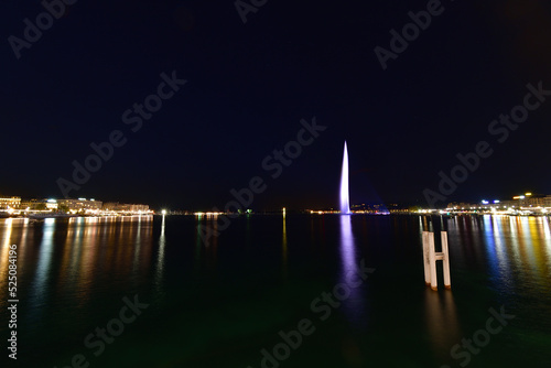 Switzerland, Geneva. Night view of the Jet d'Eau (Water-Jet) on Lake Geneva. August 15, 2022.