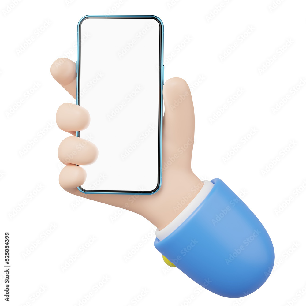 3D human hand holding mobile phone icon. Businessman wearing suit with ...