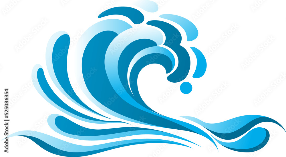 Blue ocean wave, tide flat vector illustration - obrazy, fototapety, plakaty 