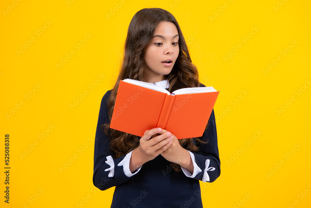 School child with book. Learning and education. Surprised emotions of young teenager schoolgirl. School child with book. Learning and education. Surprised emotions of young teenager schoolgirl.