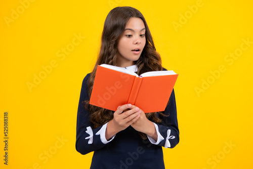 School child with book. Learning and education. Surprised emotions of young teenager schoolgirl.