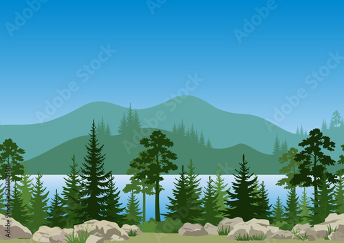 Seamless Horizontal Summer Mountain Landscape with Blue River or Lake, Pine and Fir Trees, Green Grass on the Stone Rocks. Vector