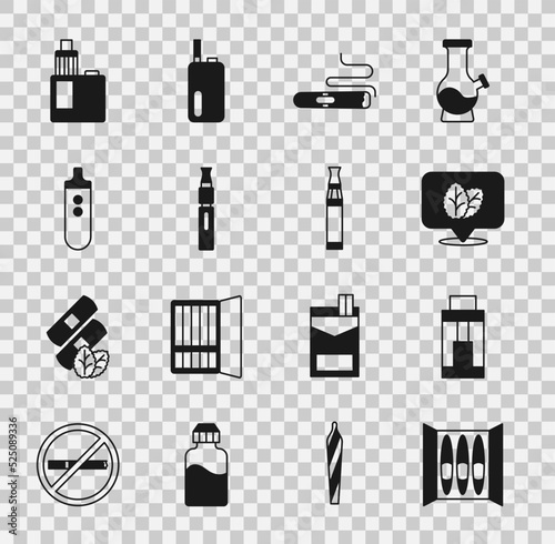Set Cigar, Vape mod device, Tobacco leaf, Electronic cigarette, and icon. Vector