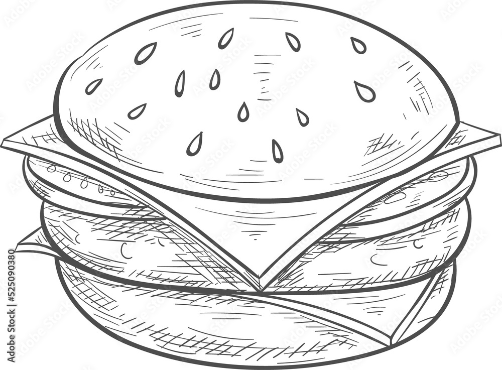 Burger, cheeseburger or hamburger isolated sketch Burger, cheeseburger or hamburger isolated sketch