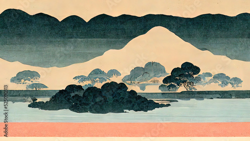 Japanese Ukiyo-e, landscape, art prints. Oriental artistic painting. Japanese landscape. 4k wallpaper, background. Mountains clouds and trees