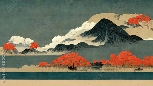 Japanese Ukiyo-e, landscape, art prints. Oriental artistic painting. Japanese landscape. 4k wallpaper, background. Mountains clouds and trees