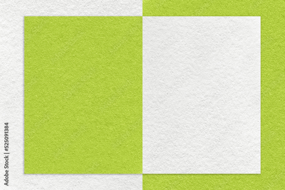 Fototapeta premium Texture of white and green paper background with geometric shape and pattern, macro. Structure of craft olive cardboard