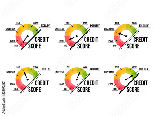 Credit rating set of banners isolated on white background. Indicator with direction arrow from bad to good. Credit score gauge. Design for apps and websites. Vector illustration