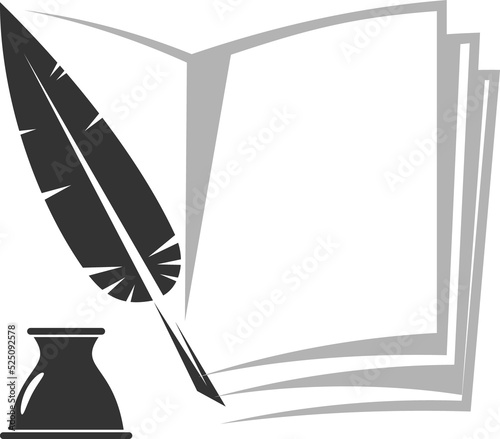 Ink quill pen, bottle and open novel book isolated