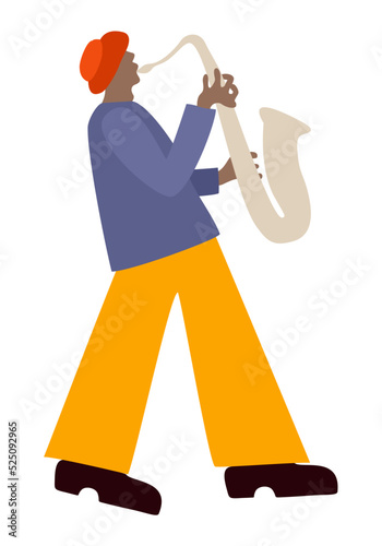 Harpist in bright long orange dress playing her instrument. Vector isolated illustration.