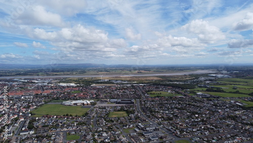Aerial view of buildings and houses with a cloudy sky background. Taken in Fleetwood Lancashire England. 