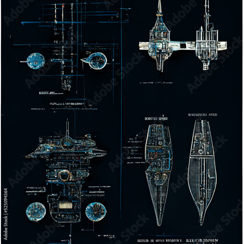 Fototapeta Highly detailed blueprint of a space battle cruiser art illustration