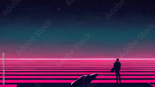 Man looking in the distance, sythnwave, vaporwave wallpaper, background. 4k futuristic, pink neons and purrple sky. Vintage, retro feeling. Digital painting, illustration. photo