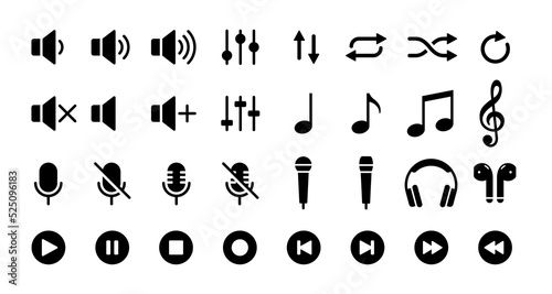 Music and sound industry vector symbols. Simple flat black icon and button set.
