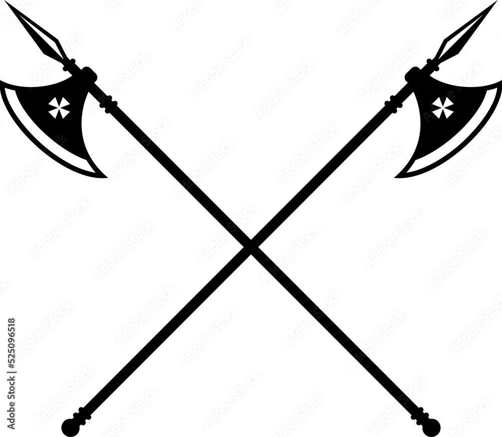 Heraldic poleaxe, crossed royal axes arms heraldry Stock Illustration