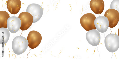 Greeting design in wite and brown colors with realistic flying helium balloons. Celebration, festival background, greeting banner, card, poster.