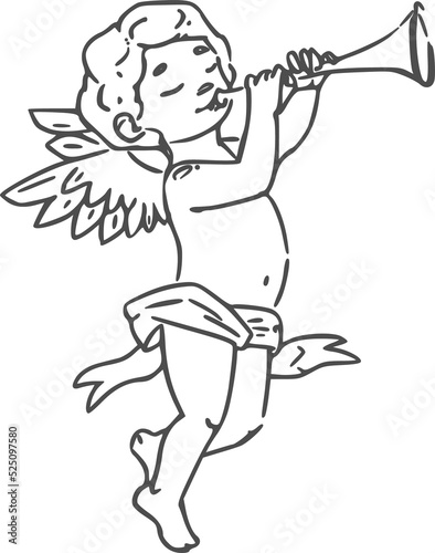 Cupid boy playing on trumpet isolated