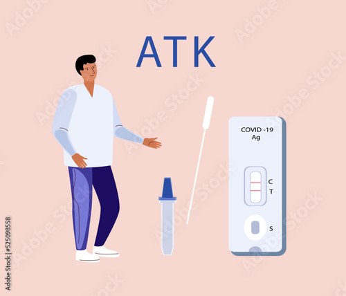 Antigen test kit (ATK). Medical poster. BA.1 - BA.5. Omicron Covid-19 virus variant, Srt icons with names. Vector flat illustration.