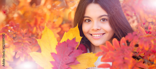 happy child with autumn colorful leaves at rowan tree, portrait. Autumn fall child for poster design. Banner header, copy space.
