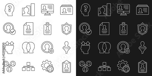 Set line Clipboard with resume, Head hunting, User protection, Monitor, Resume, Create account screen, question mark and Identification badge icon. Vector