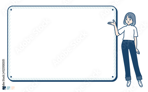 Tシャツを着た若い女性がフレームボードの案内しているイラスト