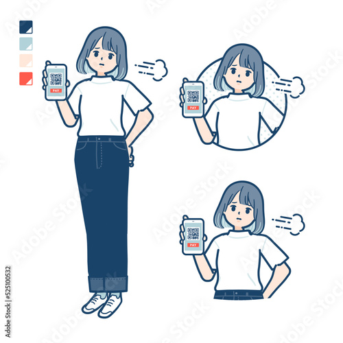 Tシャツを着た若い女性が困った顔でスマートフォンでキャッシュレス決済しているイラスト