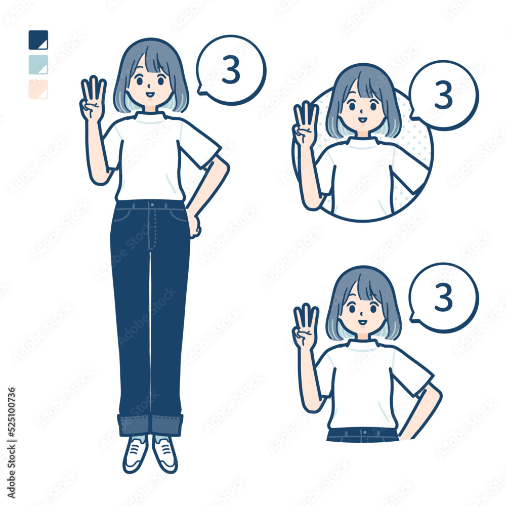 Tシャツを着た若い女性が3とカウントしているイラスト