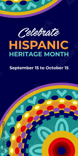 Hispanic heritage month. Vector vertical web banner, poster, card for social media, networks. Greeting with national Hispanic heritage month text, floral pattern, Huichol pattern on blue background.