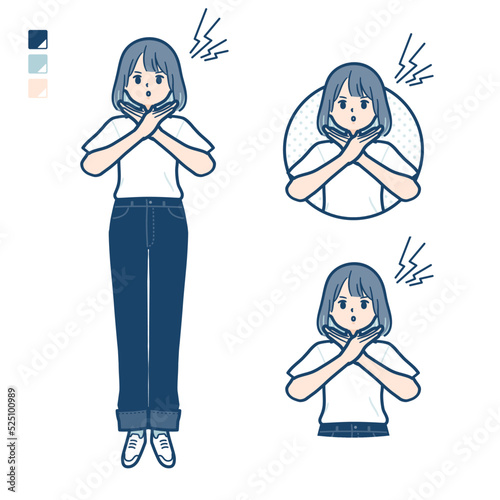 Tシャツを着た若い女性が腕でばってんを作っているイラスト