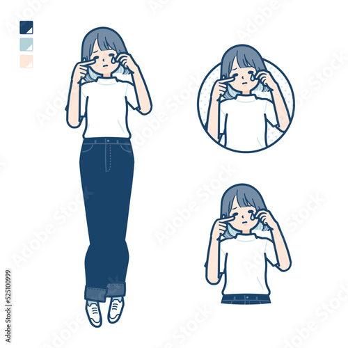 Tシャツを着た若い女性が泣いているイラスト