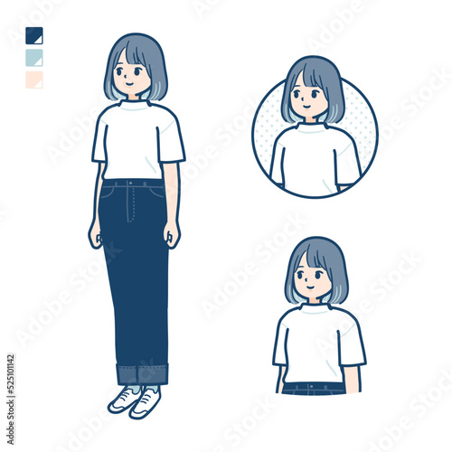 Tシャツを着た若い女性が横を見ているイラスト