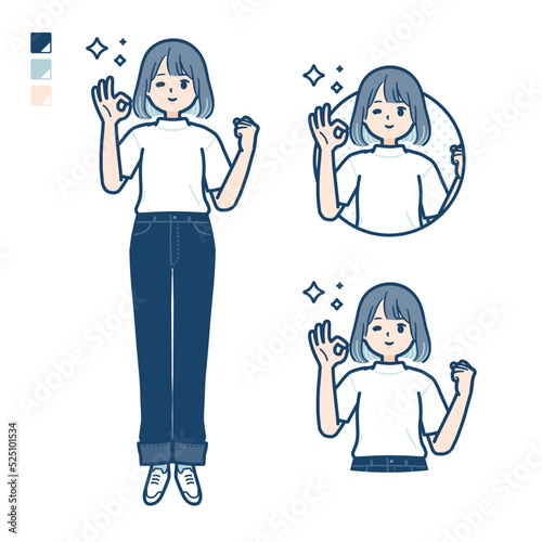 Tシャツを着た若い女性が挨拶をしているイラスト
