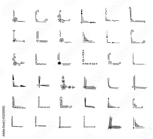 Corners hand-drawn set.Decorative monograms, calligraphic borders.Page design,vintage elements for text decor.Use for invitations,menus,labels,stickers,cards.Doodle style.Isolated.Vector illustration