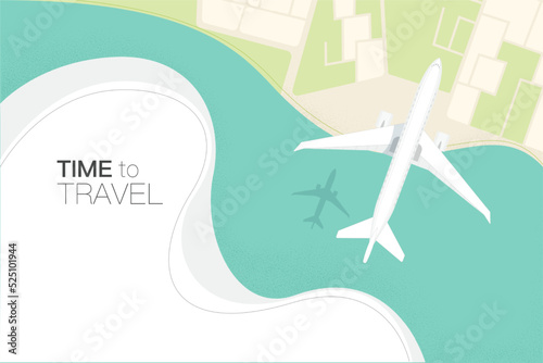 Cartoon Color Airplane Flight Top View Time to Travel Concept Poster Card Flat Design Style. Vector illustration