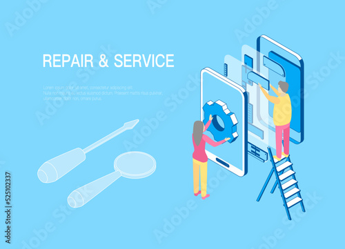 Smartphone Repair Technical Service Concept 3D Isometric View. Vector illustration of Mobile Phone Fix and Support