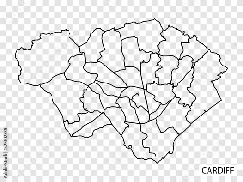 High Quality map of Cardiff is a city of United Kingdom, with borders of the districts. Map of Cardiff for your web site design, app, UI. UK. Wales. EPS10.