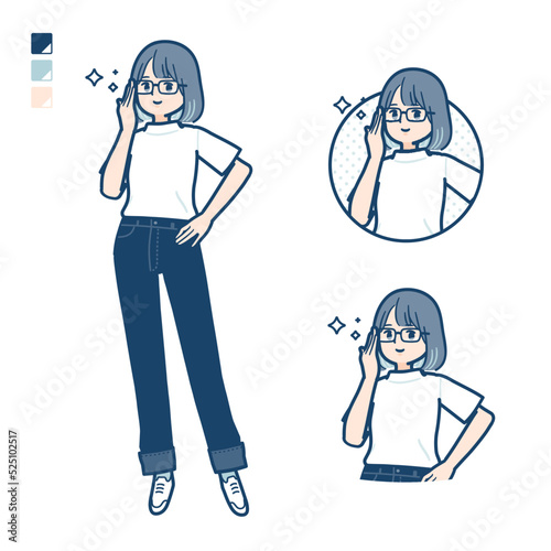 Tシャツを着た若い女性が眼鏡をクイっとしているイラスト