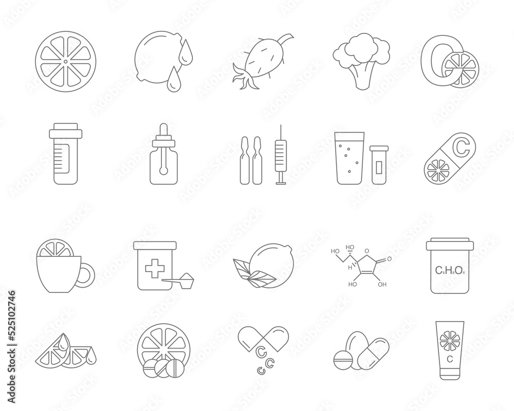 Vitamin C Signs Black Thin Line Icons Set Include of Lemon and Capsule. Vector illustration of Icon Vitamin C Signs Black Thin Line Icons Set Include of Lemon and Capsule. Vector illustration of Icon