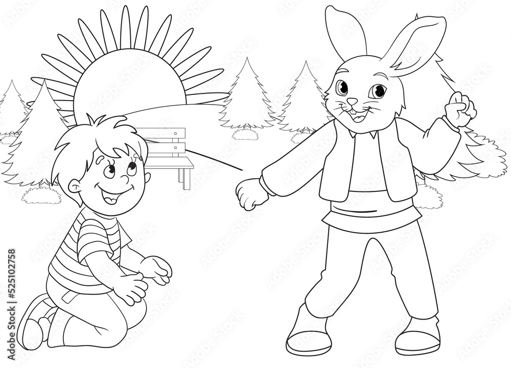 coloring page rabbit and happy boy , mountains and trees coloring page rabbit and happy boy , mountains and trees
