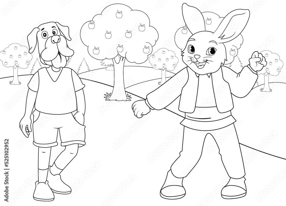 coloring page rabbit and puppy with nature background coloring page rabbit and puppy with nature background