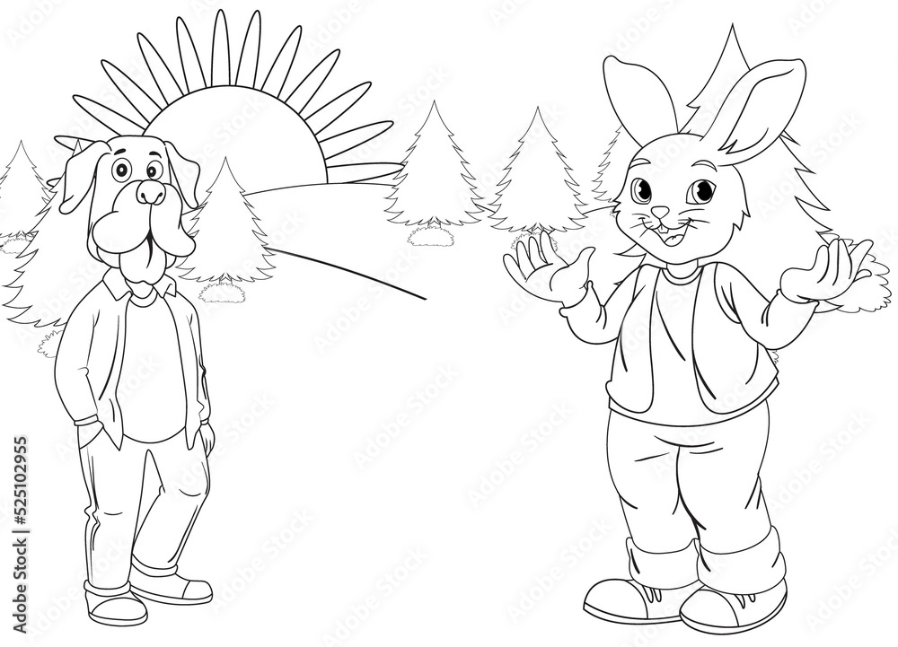 coloring page rabbit and puppy with nature background coloring page rabbit and puppy with nature background