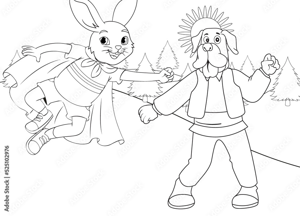 coloring page rabbit and puppy with nature background