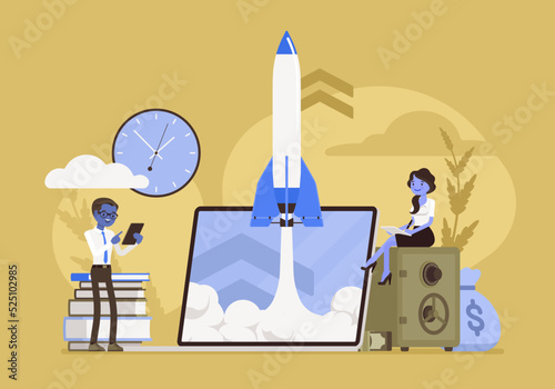 Team launching rocket, going to market, start own business, busy entrepreneurs startup, inspiration of successful business owner, prospective entrepreneurs, future growth. Vector creative illustration