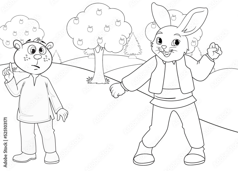 Rabbit coloring page tree and landscape with cartoon character Rabbit coloring page tree and landscape with cartoon character