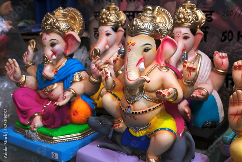 19 August 2022, Pune, India, Ganesha or Ganapati for sale at a shop on the event of Ganesh festival in India, Eco friendly God Ganesha Statue made from clay.